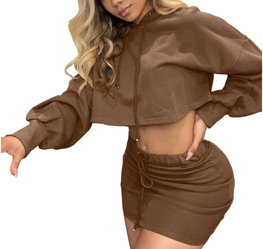 Women Casual Sweatshirt 2 Piece Outfits Mini Dress Hoodie Tunic Long Sleeve Crop Top Skirt Set