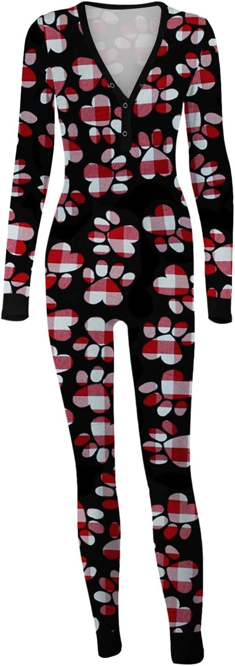 Womens Print Jumpsuit Long Sleeve Sexy Functional Buttoned Flap Adults Romper Sleepwear V-Neck One Piece Bodysuit Bodysuit