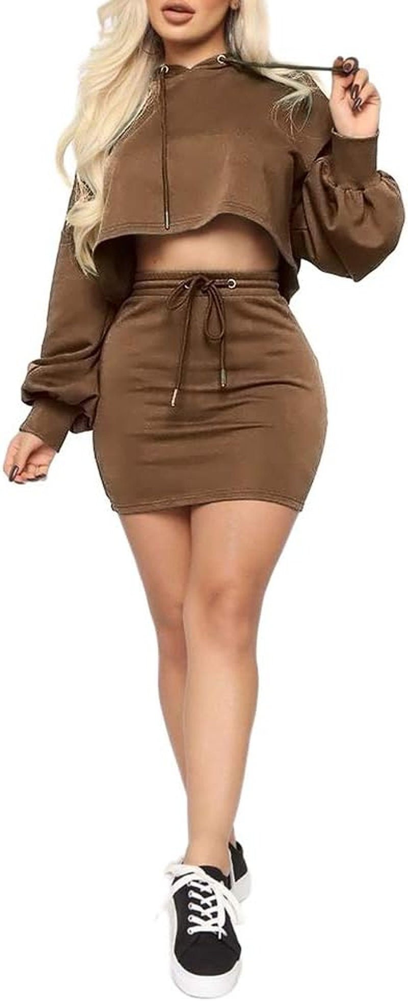 Women Casual Sweatshirt 2 Piece Outfits Mini Dress Hoodie Tunic Long Sleeve Crop Top Skirt Set
