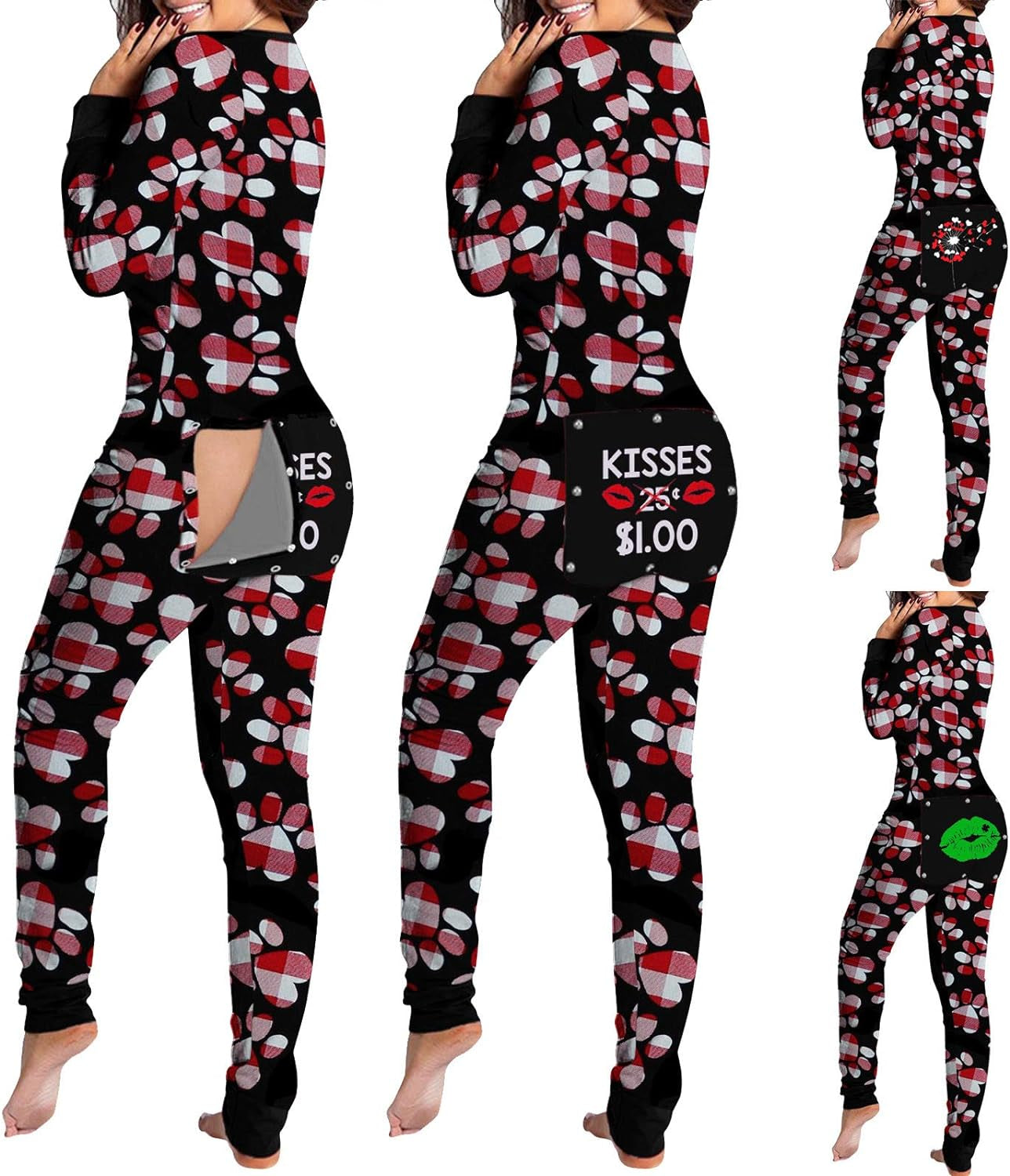 Womens Print Jumpsuit Long Sleeve Sexy Functional Buttoned Flap Adults Romper Sleepwear V-Neck One Piece Bodysuit Bodysuit