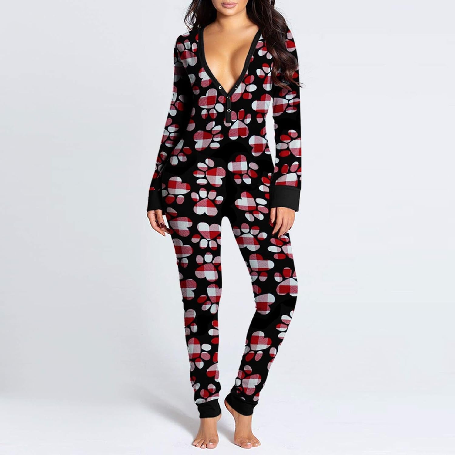 Womens Print Jumpsuit Long Sleeve Sexy Functional Buttoned Flap Adults Romper Sleepwear V-Neck One Piece Bodysuit Bodysuit