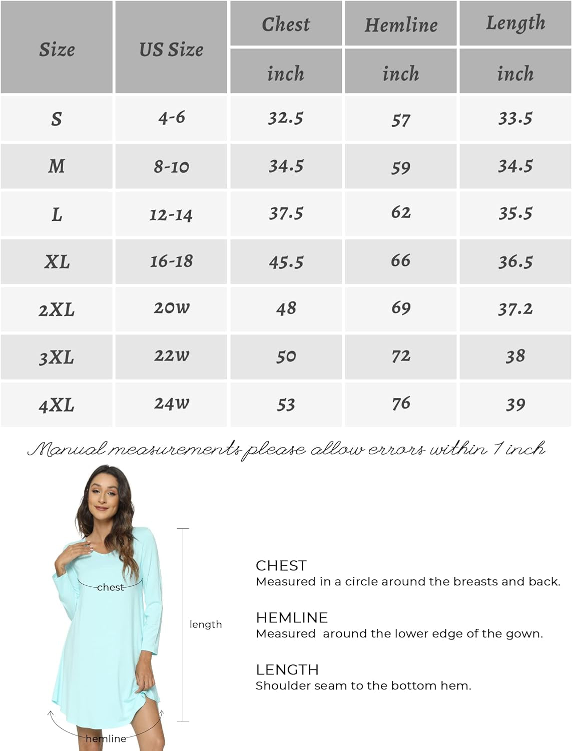 Nightgowns for Women - Viscose Made from Bamboo, Soft Long Sleeve Night Shirts Comfy Sleepwear Sleep Dress