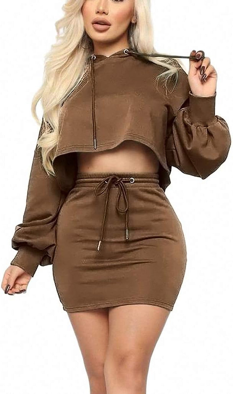 Women Casual Sweatshirt 2 Piece Outfits Mini Dress Hoodie Tunic Long Sleeve Crop Top Skirt Set