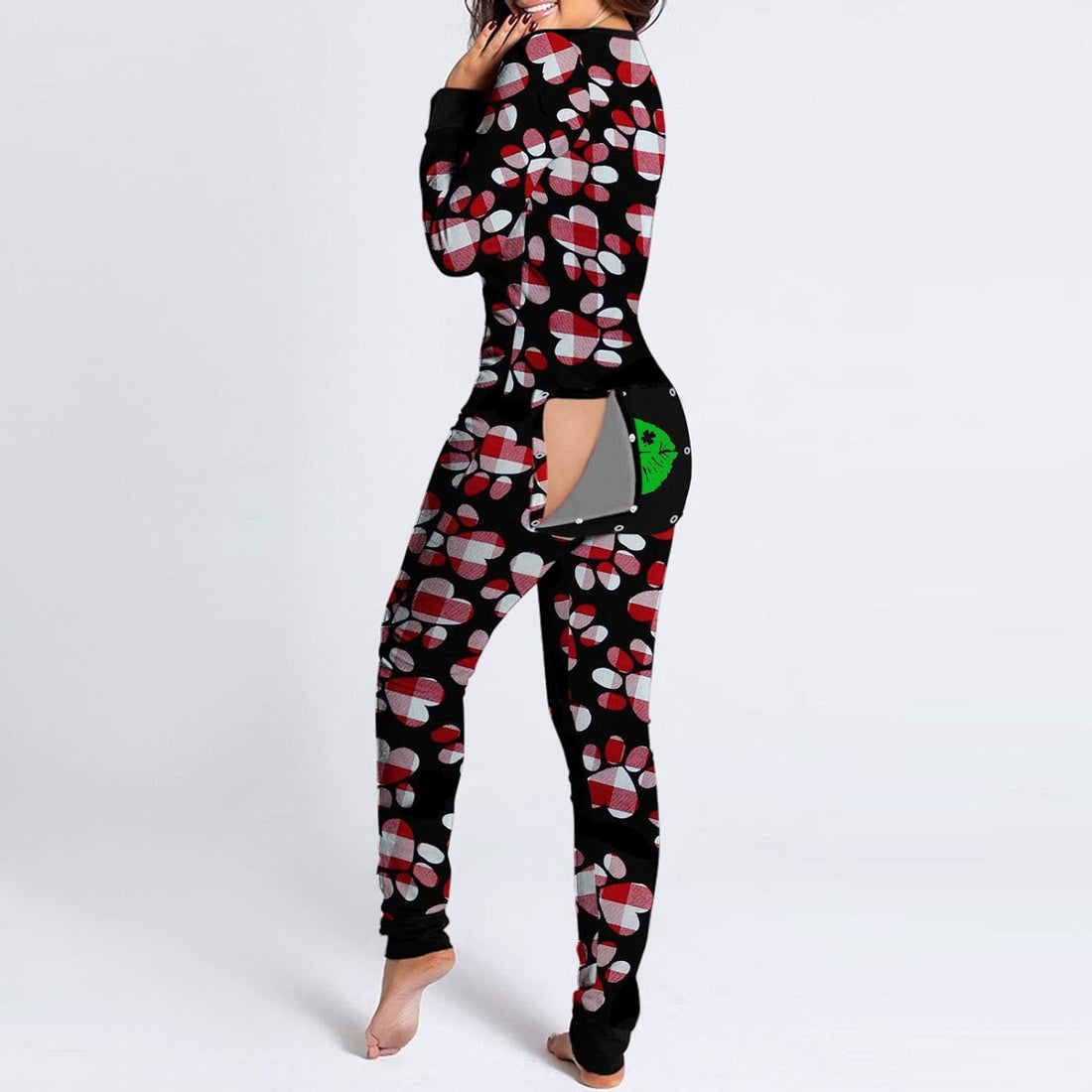 Womens Print Jumpsuit Long Sleeve Sexy Functional Buttoned Flap Adults Romper Sleepwear V-Neck One Piece Bodysuit Bodysuit