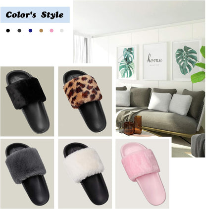 Womens Furry Slippers Open Toe Indoor Outdoor House Casual Flat Slides Sandals