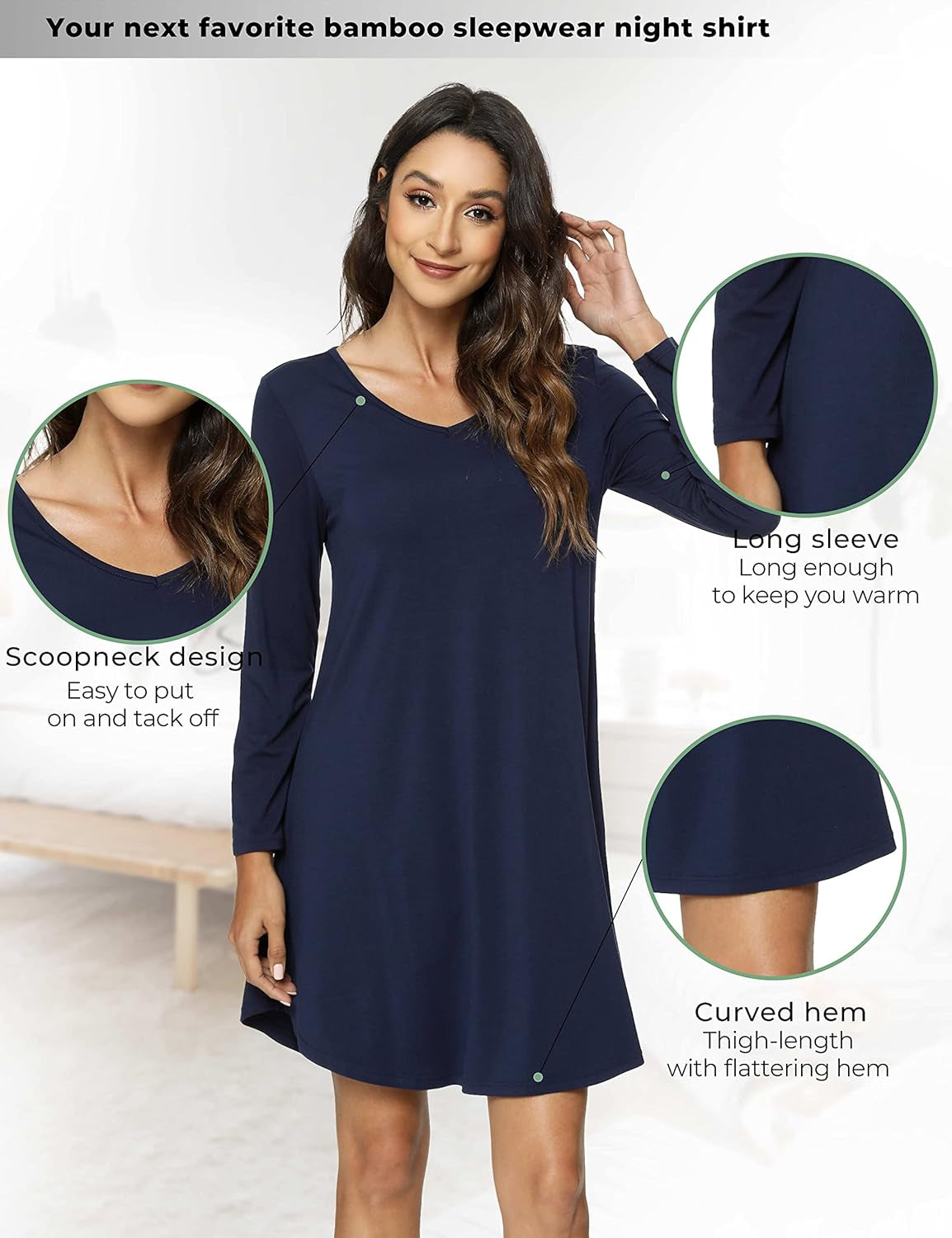 Nightgowns for Women - Viscose Made from Bamboo, Soft Long Sleeve Night Shirts Comfy Sleepwear Sleep Dress