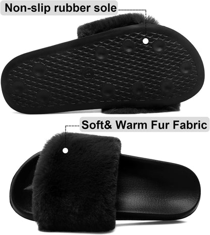 Womens Furry Slippers Open Toe Indoor Outdoor House Casual Flat Slides Sandals