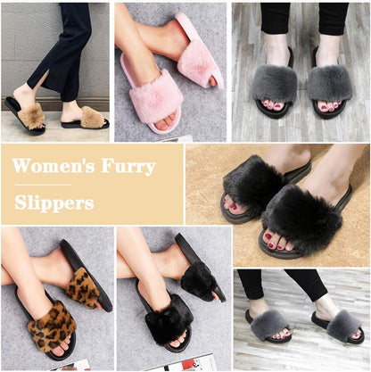 Womens Furry Slippers Open Toe Indoor Outdoor House Casual Flat Slides Sandals